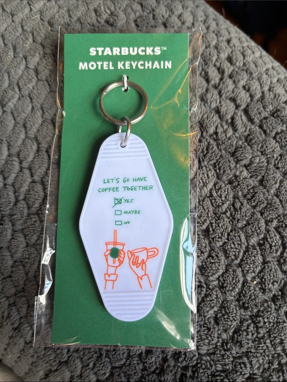 Starbucks White Motel-Style Keychain “Let’s Go Have Coffee Together”